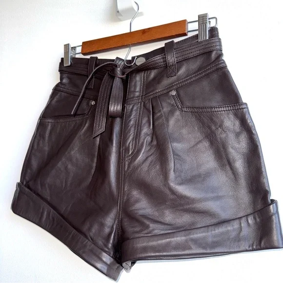 Revolve L’Academie Savon Size Small Dark Brown Leather Shorts Tie Waist Cuffed